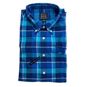Jos A Bank Executive Collection Blue Plaid Easy Care Tailored Fit Shirt Mens M